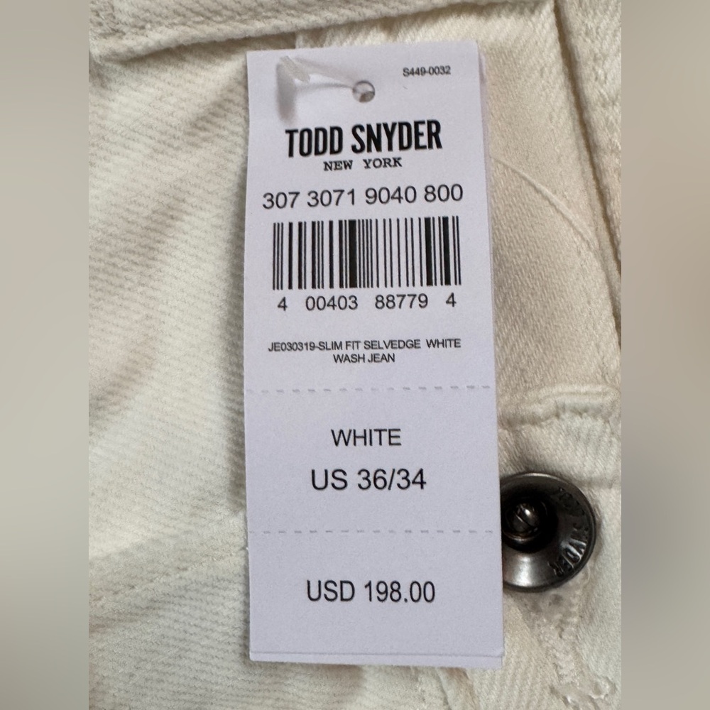 Todd Snyder White Slim Fit Jeans 5 Pocket 36 X 34 Selvedge NWT - Picture 3 of 10